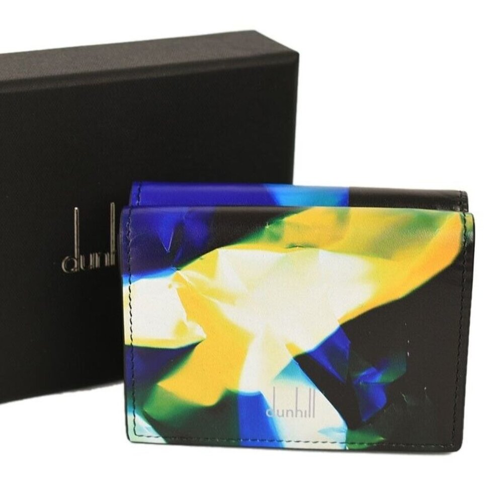DUNHILL Black Blue Yellow Printed Leather Trifold Wallet Coin Case Italy NWT